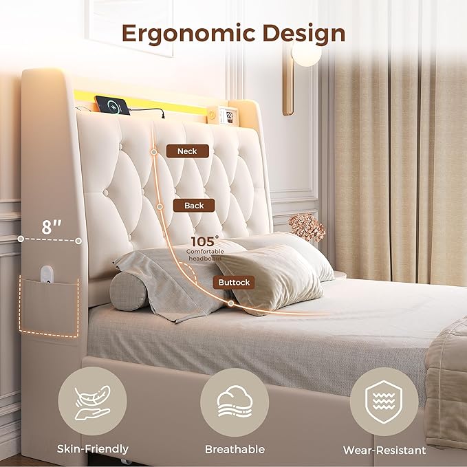 Twin LED Velvet Bed Frame with 2 Storage Drawers&Hidden Headboard, Upholstered Platform Bed with Charging Station&Button Tufted Design, Wooden Slats Support, Box Spring Optional, Easy Assembly, Beige