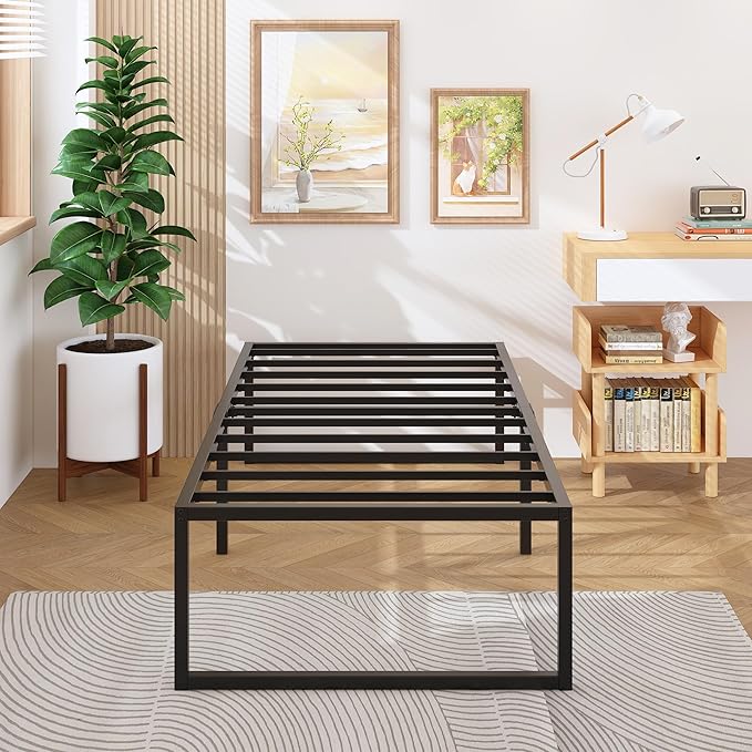 Lutown-Teen 18 Inch Twin XL Bed Frames with Fabric Bed Cover, Heavy Duty Sturdy Metal XL Twin Platform Bed Frame No Box Spring Needed, Noise Free, Easy Assembly, Black and Blue