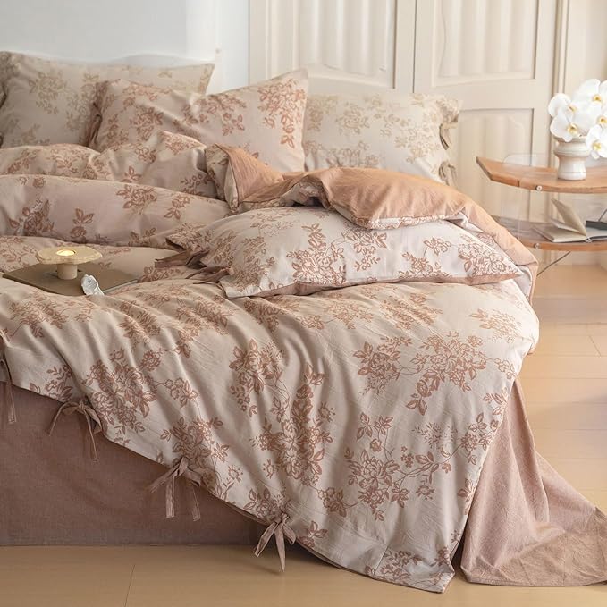 VM VOUGEMARKET Chic Floral Duvet Cover Queen,Yarn-Dyed Cotton Jacquard Textured Duvet Cover with Bowknot Retro Monet Style Bedding Set-90"x90",Pumpkin