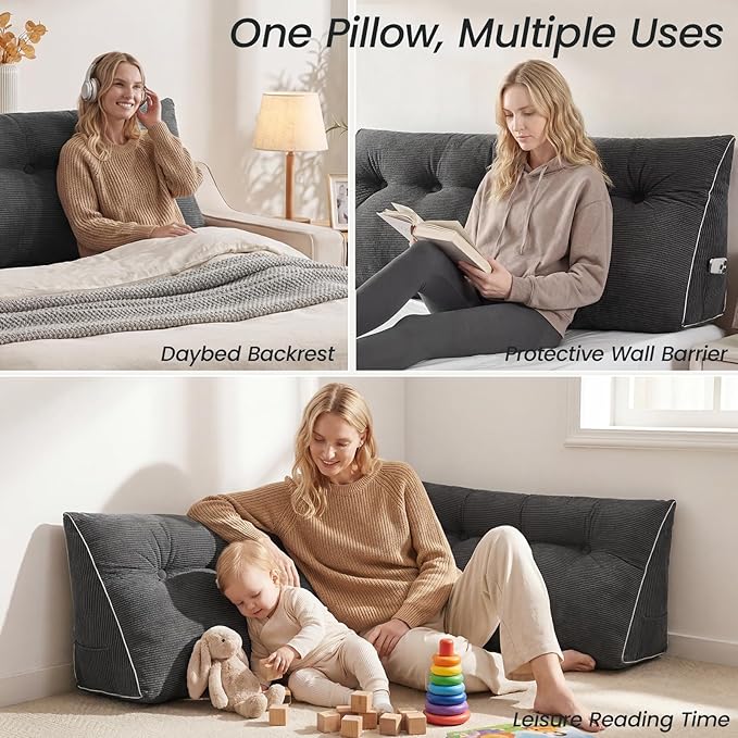 Sasttie Headboard Pillow King, Wedge Pillow Headboard for Sitting Up in Bed, Back-Rest Support Triangular Cushion for Reading - Features Removable Washable Cover, Dark Grey