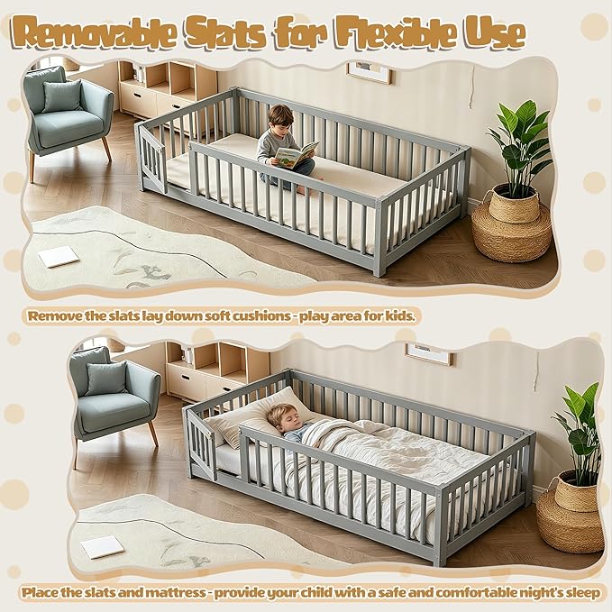Bellemave Montessori Twin Floor Bed Frame with Fence and Removable Door, Low Profile Twin Size Montessori Bed Frame for Kids, Solid Wooden Floor Beds for Bedroom,Nursery, Grey