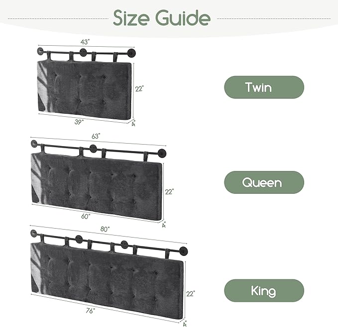 HIGOGOGO Wall Mounted Headboards for Twin Size Bed, Hanging Head Board Wall with Button Tufting, Adjustable Height Headboard for Bedroom,Darkgrey