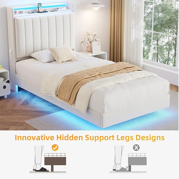 Twin Size Floating Bed Frame with Ergonomic Hidden Storage Headboard and LED Light,Visual Floating LED Bed Frame with Charing Station,Velvet Upholstered Platform Bed for Kid/Boy/Girl,Heavy Duty,White