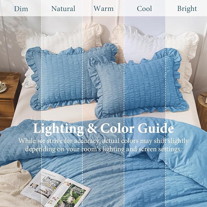 JOLLYVOGUE Full Size Comforter, 3 Pieces Sea Blue Seersucker Lightweight Full Size Bedding, All Season Fluffy Microfiber Bedding Comforter Set with 1 Ruffle Comforter and 2 Ruffle Pillowshams