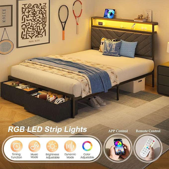 HISOFT Full Bed Frame with Charging Station, LED Lights & 2 Storage Drawers, Grey Platform Bed with Upholstered Headboard, Under-Bed Storage, No Box Spring Needed, Easy Assembly, Strong Support