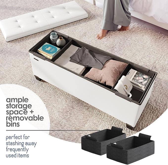 Storage Ottoman Bench with Bins, 43-in Storage Bench for Bedroom End of Bed, Folding Foot Rest Ottoman for Living Room Max 660lbs, Faux Leather Ottomans, Cream