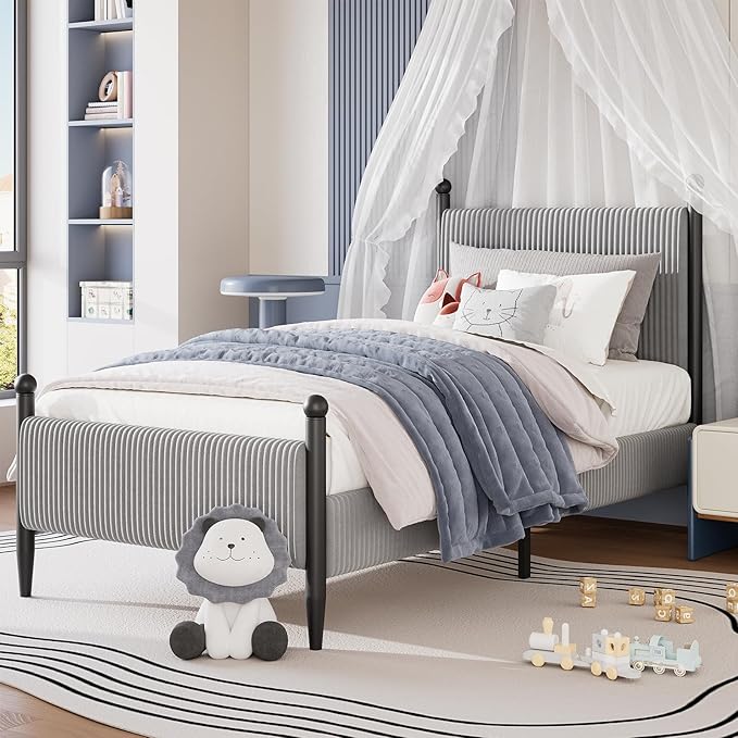 Garvee Twin Size Upholstered Bed Frame - with Velvet Headboard, Soft Corduroy Fabric Platform with Wooden Slats Support & Heavy Duty Feet, No Box Spring Needed, Noise Free, Easy Assembly, Grey