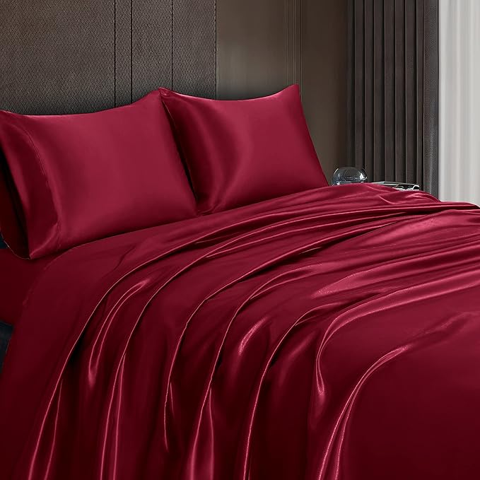 Homiest 4pcs Satin Sheets Set Luxury Silky Satin Bedding Set with Deep Pocket, 1 Fitted Sheet + 1 Flat Sheet + 2 Pillowcases (Queen Size, Burgundy)