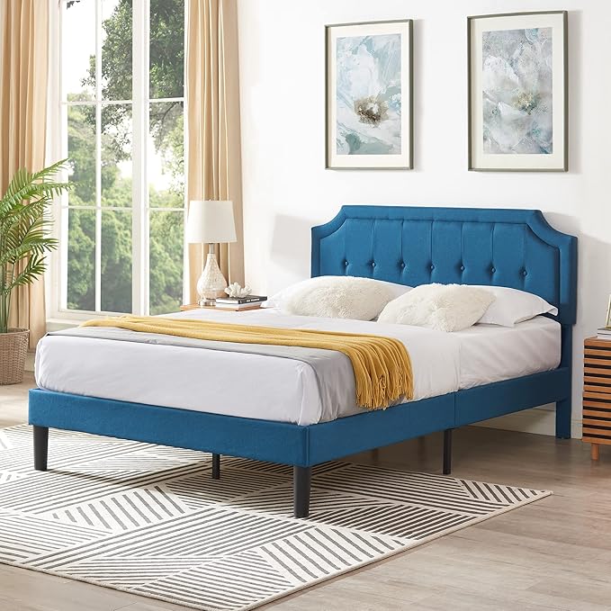 VECELO Full Size Platform Bed Frame with Fabric Upholstered Headboard and Wooden Slats Support, No Box Spring Needed/Easy Assembly,Blue