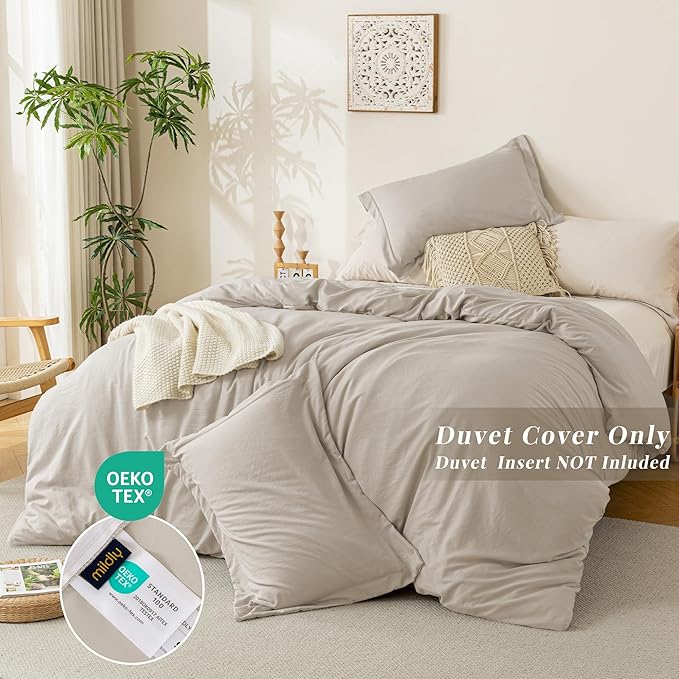 MILDLY Super Soft Duvet Cover - 100% Washed Microfiber Linen Grey Comforter Cover Set 3 Pieces with Zipper Closure & Corner Ties (No Comforter)
