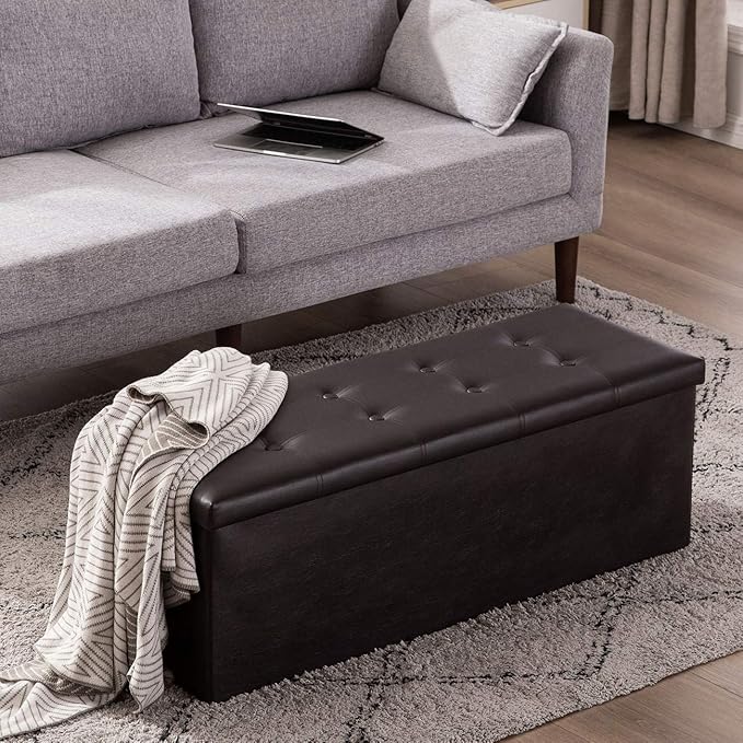 YOUDENOVA Folding Storage Ottoman, Faux Leather Ottoman Bench Footrest Ottoman, Storage Chest Padded Seat for Bedroom and Living Room, Brown, 15" D x 43" W x 15" H