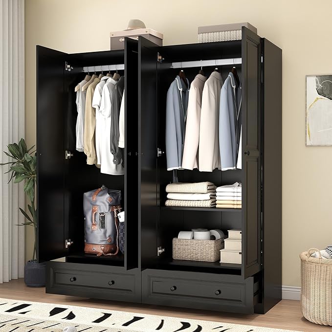 Armoire Wardrobe Closet with Drawers: 63" Black Wardrobe Closet with 4 Doors and 2 Drawers, Wood Clothes Armoire with Hanging Rod, Clothing Storage Cabinet for Bedroom