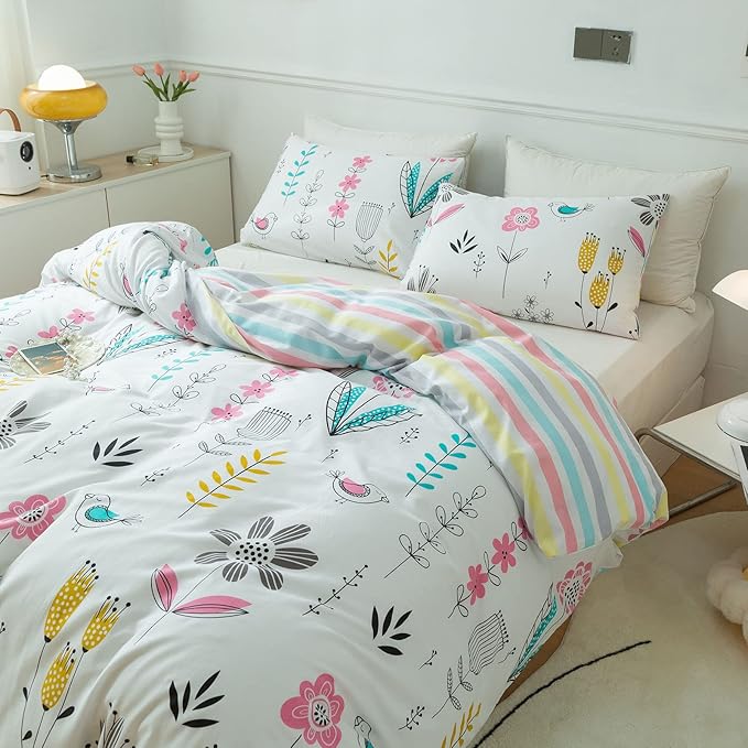 mixinni Flowers Duvet Cover for Teenage Girls Queen Size Floral Leaf Printed Soft Cotton Full Bedding Set Reversible Colorful Striped Pattern Girls Zipper Closure 4 Corner Ties for Women-Queen Size