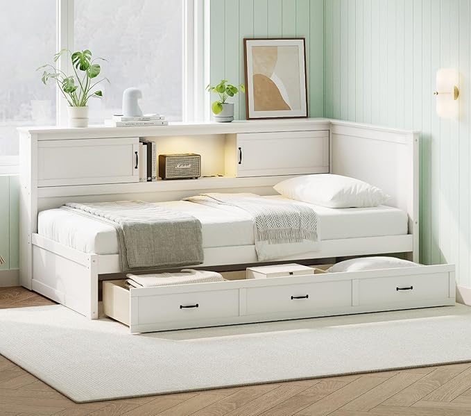 Merax Full Size Corner Bed Frames with Storage Drawers, USB Port, Led Downlight Headboard & Bookcase, Wooden Captain Daybed for Small Room, Bedroom, Kids'Room, Box Spring Not Required Bed Frames