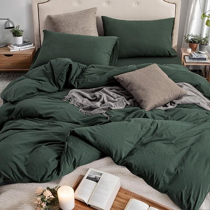 PURE ERA Jersey Knit Duvet Cover Set 100% T-Shirt Cotton Super Soft Comfy 3pc Bedding Set with Zipper Closure (Solid Forest Green, Cal King)