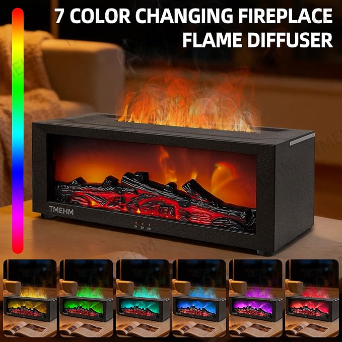 TMEHM Fireplace Flame Air Diffuser Humidifier,7 Colors Aromatherapy Essential Oil Diffuser,Ultrasonic Aroma Humidifier with Timer for Home,Bedroom,Office,Yoga (Black, L)