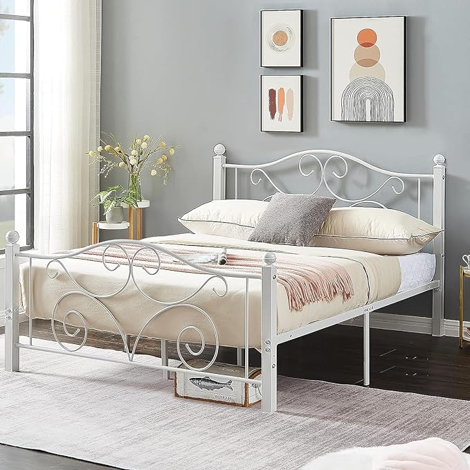 VECELO Full Size Bed Frame with Headboard and Footboard, Heavy Duty Metal Slat Support, Platform Mattress Foundation, No Box Spring Needed, Easy Assembly, White