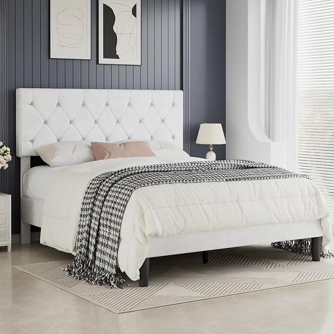 VECELO Queen Size Bed Frame with Diamond Tufted Headboard, Upholstered Platform Bedframe with Wood Slat Support, No Box Spring Needed, Velvet & White