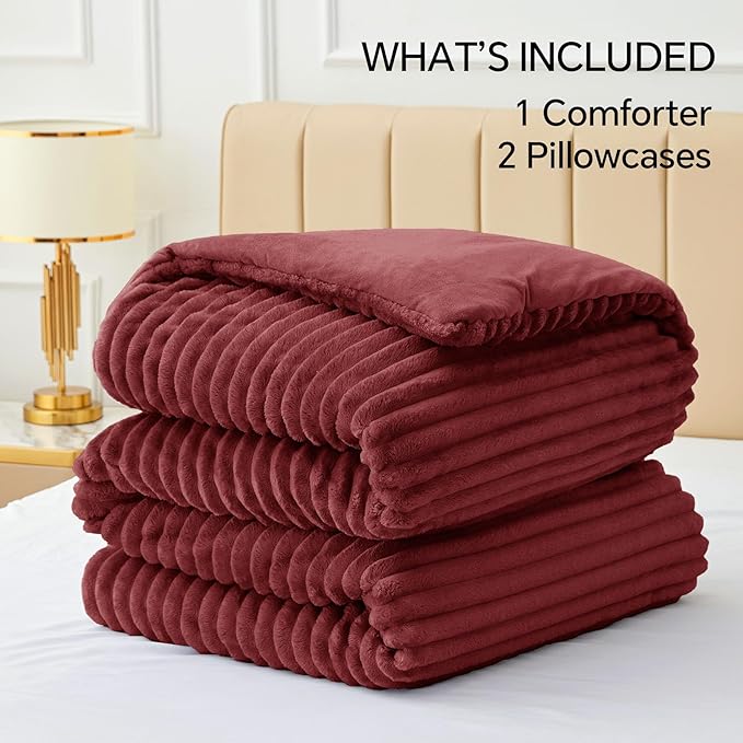 BEDELITE Fleece California King Comforter Set -Super Soft & Warm Fluffy Burgundy Bedding, Luxury Fuzzy Heavy Bed Set for Winter with 2 Pillow Cases