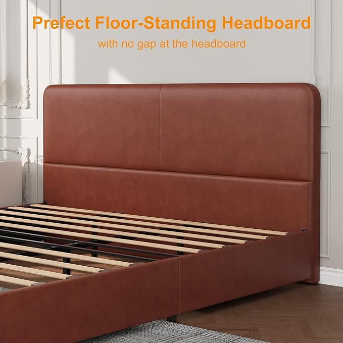 GarveeHome Modern Upholstered Platform Bed Frame with Headboard and Storage Drawers – PU Brown Faux Leather, Sturdy Wood Slats, Noise-Free, No Box Spring Needed, Easy Assembly – King Size, PU Brown