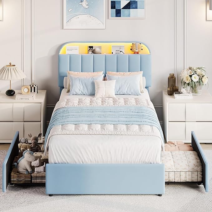GarveeHome Twin Bed Frame with Storage Headboard, Kids Bed Frame with 2 Drawers, Velvet Upholstered Platform Bed Frame with Lights, No Box Spring Needed, Easy Assembly, Velvet Blue
