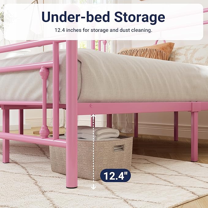 Allewie King Size Metal Platform Bed Frame with Victorian Vintage Headboard and Footboard/Mattress Foundation/Under Bed Storage/No Box Spring Needed/Noise-Free/Easy Assembly, Pink