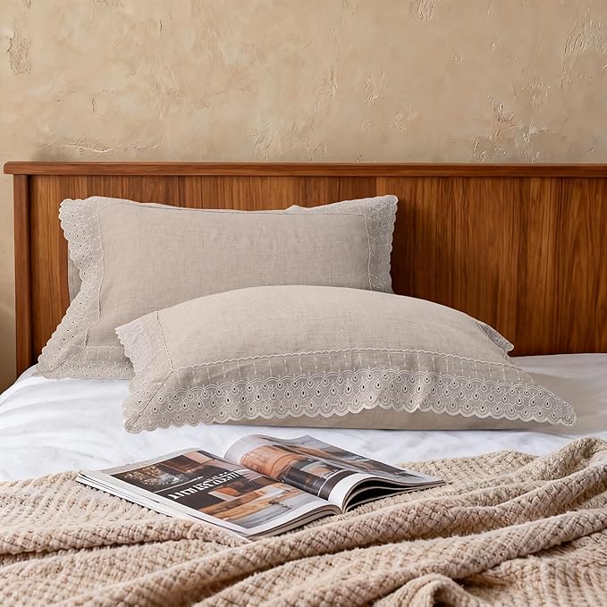 CHUFFED 100% French Linen Pillowcases with Embroidery Lace,French Vintage Style Stone Washed Breathable Pillow Covers King Size Set of 2 with Envelope Closure for Decor,20x36 inches, Natural Linen