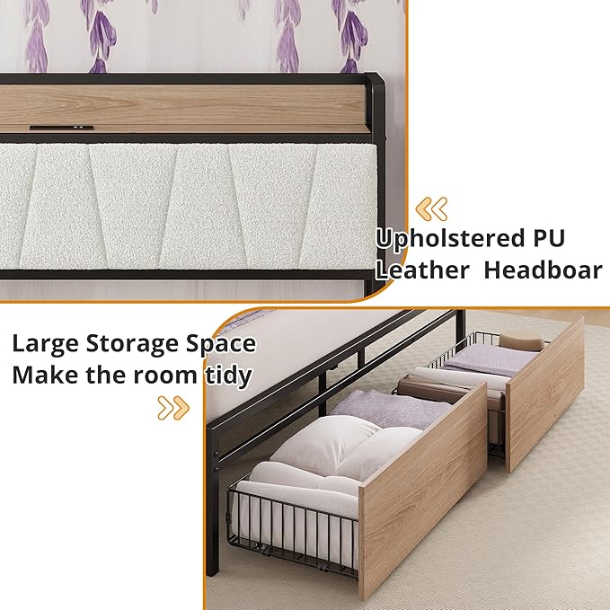 LIKIMIO Queen Size Bed Frame, Storage Headboard with Charging Station, Platform Bed with Drawers, No Box Spring Needed, Easy Assembly, Wood and Cream