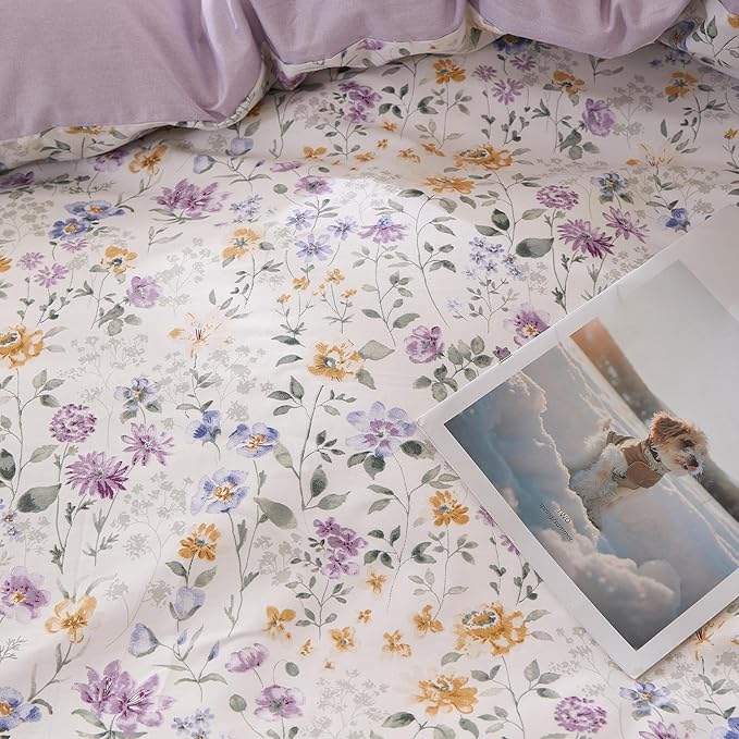 mixinni Floral Duvet Cover Set Full Size, 100% Cotton 3-Piece Bedding Set with Ruffled Lace, Reversible Lavender Wildflower Ruffle Design, Soft Aesthetic Cottagecore Duvet Cover with Zipper Closure