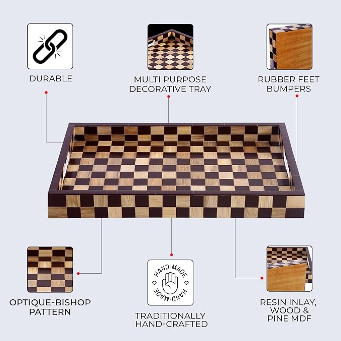 Handicrafts Home Checkered Decorative Tray 11x17 Inch, Handmade Resin Inlay Ottoman Tray, Coffee Table Centerpiece, Modern Wood Serving Tray, Brown Geometric Home Décor