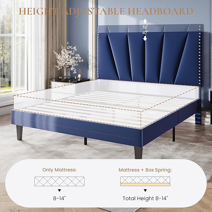 SHA CERLIN Full Size Bed Frame with Adjustable Upholstered Velvet Rivets Headboard, Sturdy Wooden Slats, Strong Platform Support for Mattress, No Box Spring Needed, Easy Assembly, Blue
