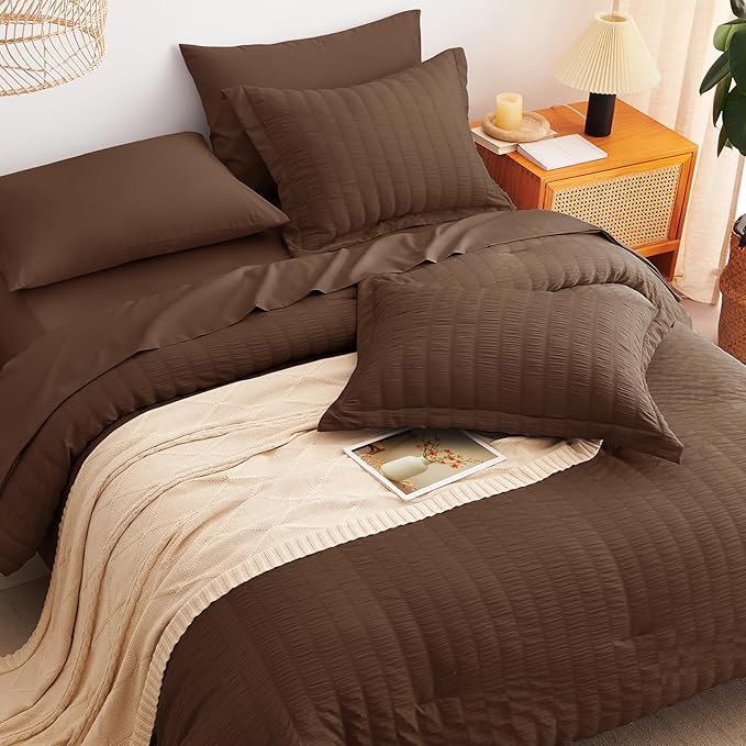 CozyLux Twin XL Comforter Set with Sheets Seersucker Brown 5 Pieces Bed in a Bag, Twin Extra Long Luxury Soft Bedding Sets for College Dorm with Down Alternative Comforter, Sheets, Pillowcase & Sham