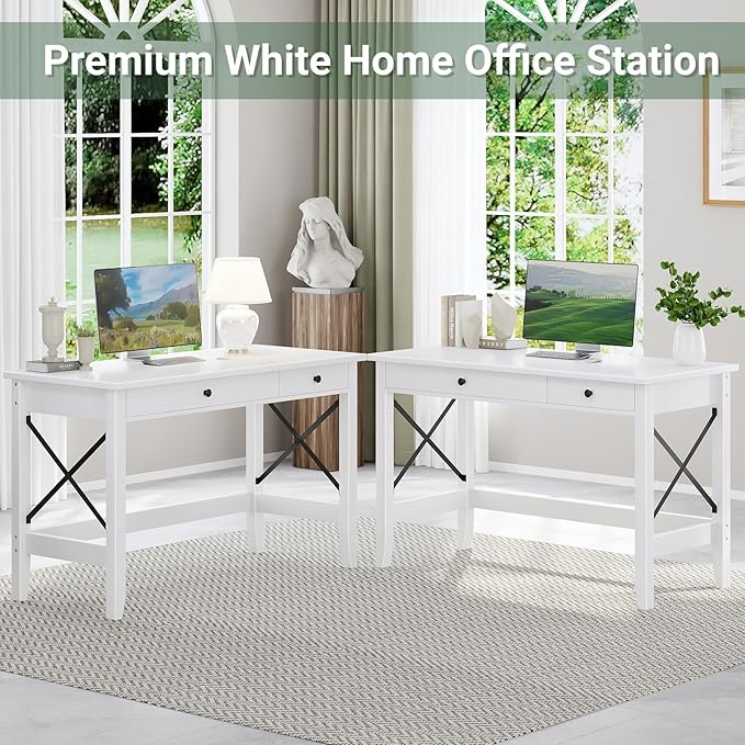 JSB 43.3'' White Computer Desk for Home Office,Farmhouse Executive Desk with 2 File Drawers,Study Writing Table Storage Cabinet,Makeup Vanity Desk for Bedroom (White, 43.3in)