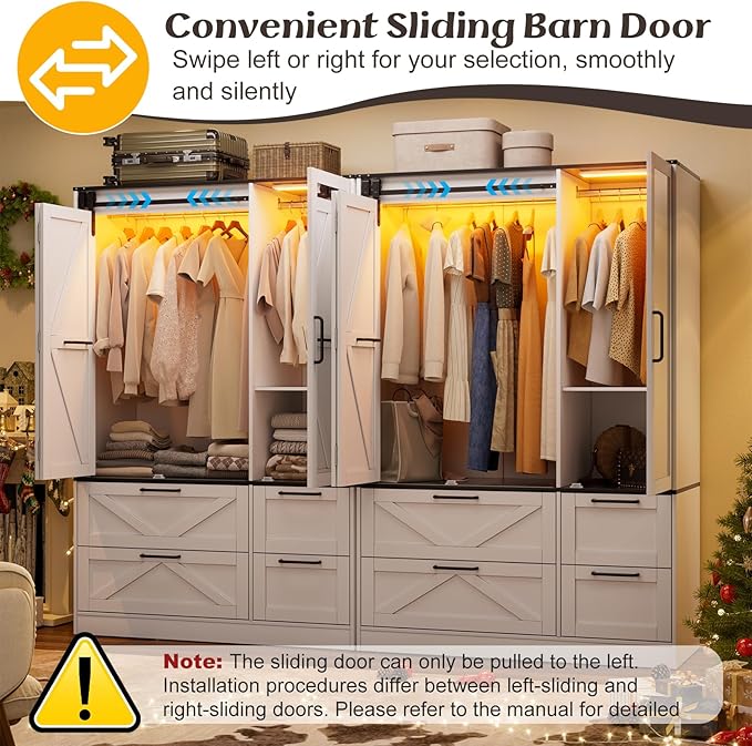 PAKASEPT Armoire Wardrobe Closet with w/Folding Sliding Barn Door, Bedroom Armoires with Mirror and Sensor Lights, Hanging Rod, Wardrobe Closet for Bedroom (19.69" D x 47.24" W x 72.83" H)