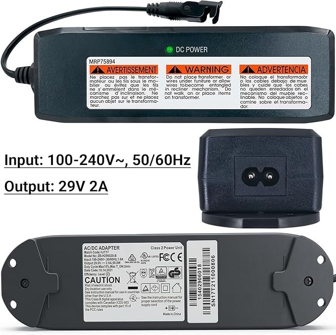 Replacement Richmat AC/DC Power Adapter for Adjustable Bed, HJT17 ZB-H290020-B 29V 2A, Class 2 Power Supply