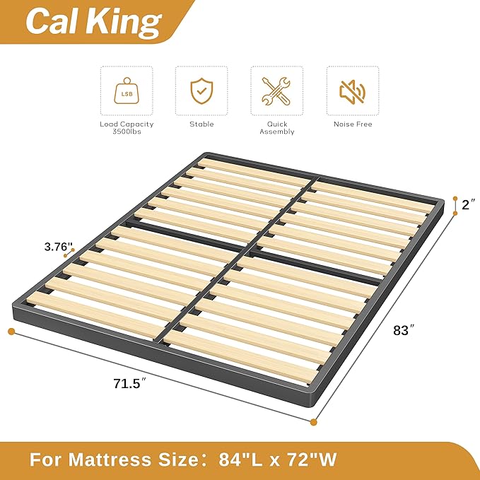 MAF Cal King Size Box Spring, 2 Inch Low Profile Box Spring with Round Corners, Bunkie Board with Wood Slats Bed Slat Replacement 3500 lbs Black Heavy Duty Metal Mattress Foundation, Easy Assembly