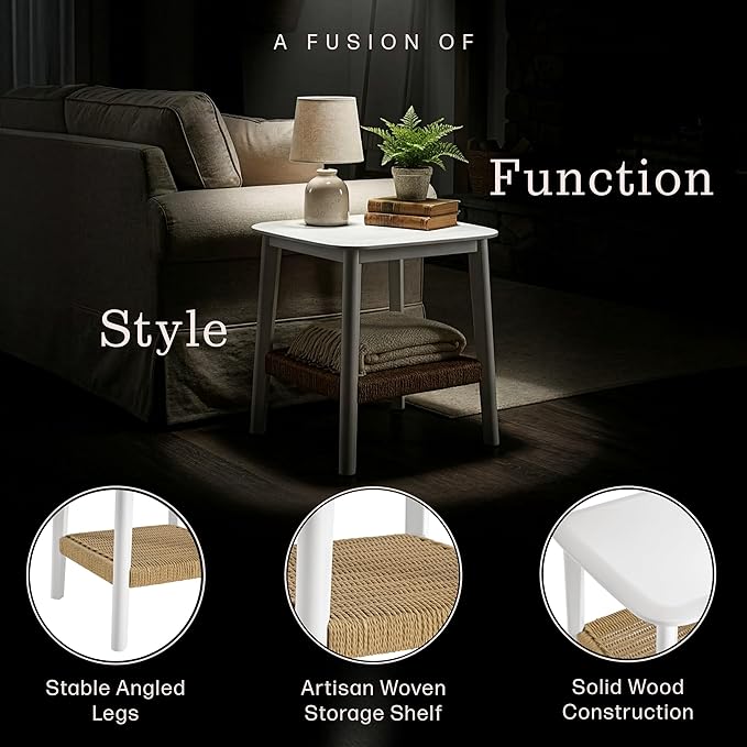 Alaterre Furniture Calais 2-Tier Small End Table with Woven Storage Shelf – Mid Century Modern Wooden Nightstand or Side Table for Small Spaces, Living Room & Bedroom (White)
