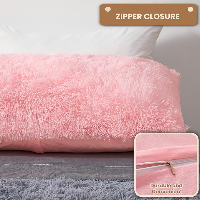 MEGO Pink Faux Fur Body Pillow Cover, 20x54, Fluffy Plush Pillowcase