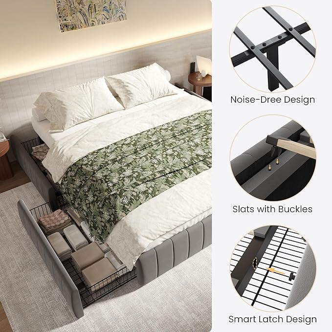 SHA CERLIN Full Size Velvet Upholstered Platform Bed Frame with 4 Storage Drawers, Vertical Channel Tufted, Low Profile, Fits Standard Headboards, Wooden Slats Support, Easy Assembly, Grey