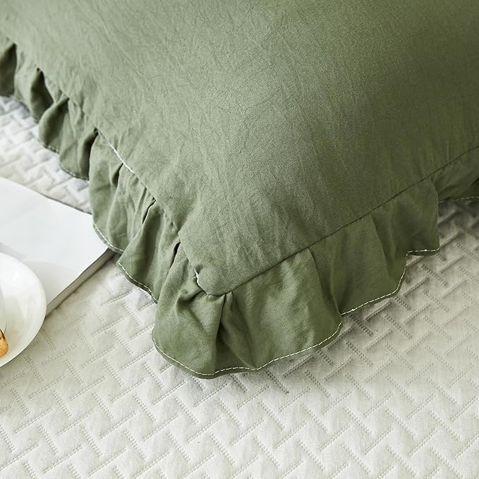 Olive Green Pillow Shams Dark Green Ruffle Queen Pillowcases Cute Pillow Cover Set of 2 Shabby Chic Soft Microfiber Pillowcases 2 Pack (Queen (20''x30''), Olive Green)