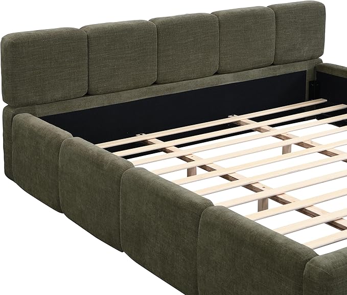 Merax King Size Boucle Platform Bed with Thick Headboard and Footboard, Block Style Upholstery Floor Bed Frame, Green