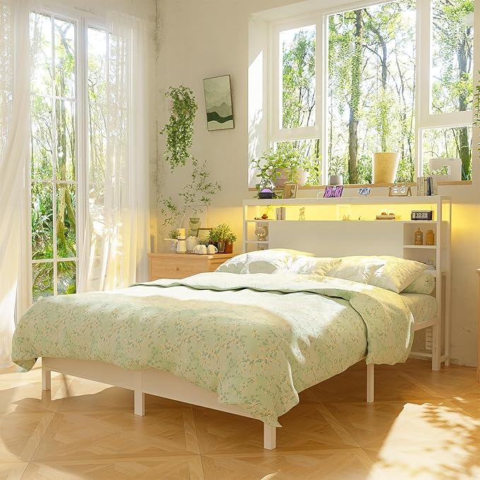 Unikito Queen Size Headboard with Storage, Headboards with Power Outlets and RGB LED Lights, Sturdy Head Board for Queen Size Bed, Stable Headboard Only for Bedroom, Dorm Room, Guest Room, White