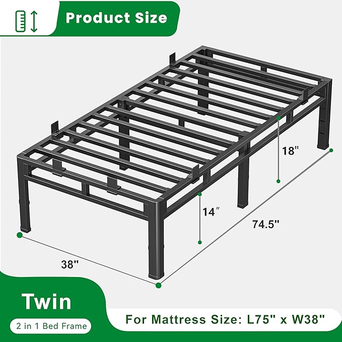 ROIL 18 Inch Twin Size Bed Frame, Double Layer Metal Bed Frame with Round Corner Legs, 4000LBS Bed Frame & Box Spring 2 in 1 Platform with Headboard Holes Mattress Baffles, Noise-Free Easy Assembly