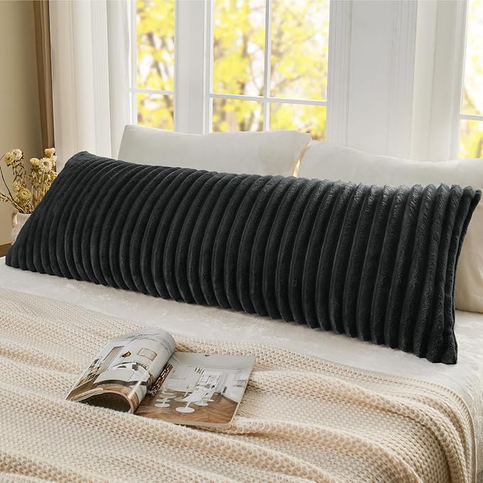 BEDELITE Fluffy Faux Fur Body Pillow Cover with Zipper, Luxury Plush 3D Striped Pillow Cover 20x54 Inches, Super Soft and Cozy Long Body Pillow Pillowcase for Bed Sofa Couch Room Decor(Black Grey)