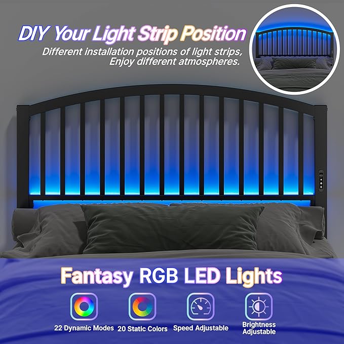 Weehom Queen Headboard with Led Lights, Farmhouse Vintage Style Metal Headboard Queen Size, Modern Freestanding Black Headboard Only for Bedroom