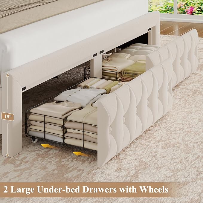King Bed Frame 55" Tall Headboard with LED Lights, Buttons Tufted Velvet Upholstered Platform Bed Frame with 2 Storage Drawers, Wood Slats Support Mattress Foundation, No Box Spring Needed, Beige