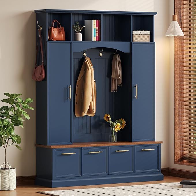 Merax 59" Farmhouse Hall Tree with Golden Hooks & Walnut Bench, Entryway Organizer with Adjustable Shelves, Shoe Storage, Anti-Tip for Mudroom, Living Room, Blue