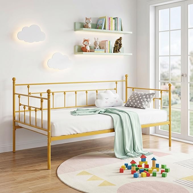 VECELO Daybed Frame, Twin Size Metal Platform Bed with Headboard,Heavy Duty Steel Slats Support for Living Room Bedroom Guest Room, Easy Assembly