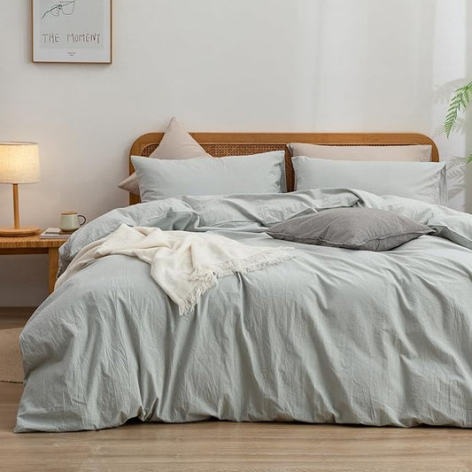 BESTOUCH Duvet Cover Set 100% Washed Cotton Linen Feel Super Soft Comfortable Chic Lightweight 3 PCs Home Bedding Set Solid Northern Droplet Grey Alaska King