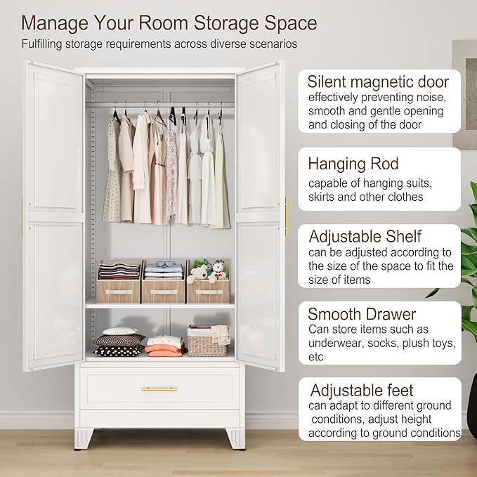 erosoei 71" H Metal Tall Armoire Wardrobe Closet with Drawer,Household Steel Wardrobe Closet Cabinet with Drawers,Clothing Storage Wardrobe Cabinet with Adjustable Shelves and Hanging Rod for Bedroom